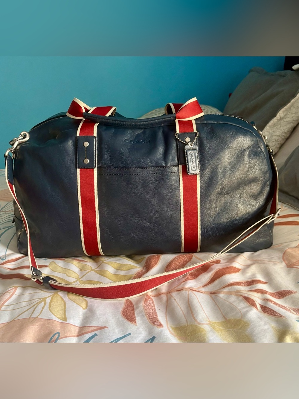RARE Coach Heritage Navy Leather Boston Duffle Bag With Red and White Stripes